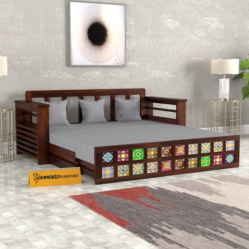 Image of Solid Sheesham Wood Sofa Cumss Bed with Storage & Handcrafted Ceramic Tile Design | Rosewood Sofa Bed with Cushions for Living Room & Bedroom (Walnut Finish)