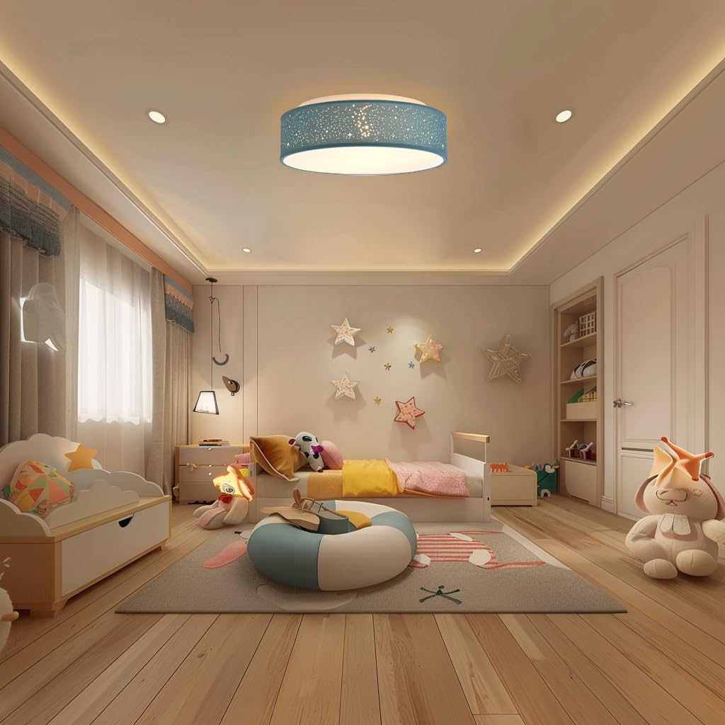 Zedelmaier Deckenlampe Stoff 38cm E27x2 max.40W Deckenleuchte mit Sternenhimmel Wohnzimmer Schlafzimmer Kinderzimmer Flur Küche Lampe Decke Stoffdeckenlampe Rund (Aschblau sterneneffekt, Ø38x12,5cm)