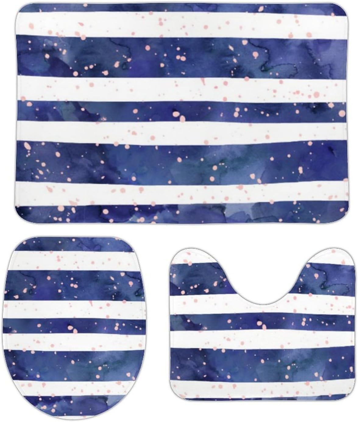 Bathroom Rug Set 3 Pieces Navy Blue Watercolor Stripes