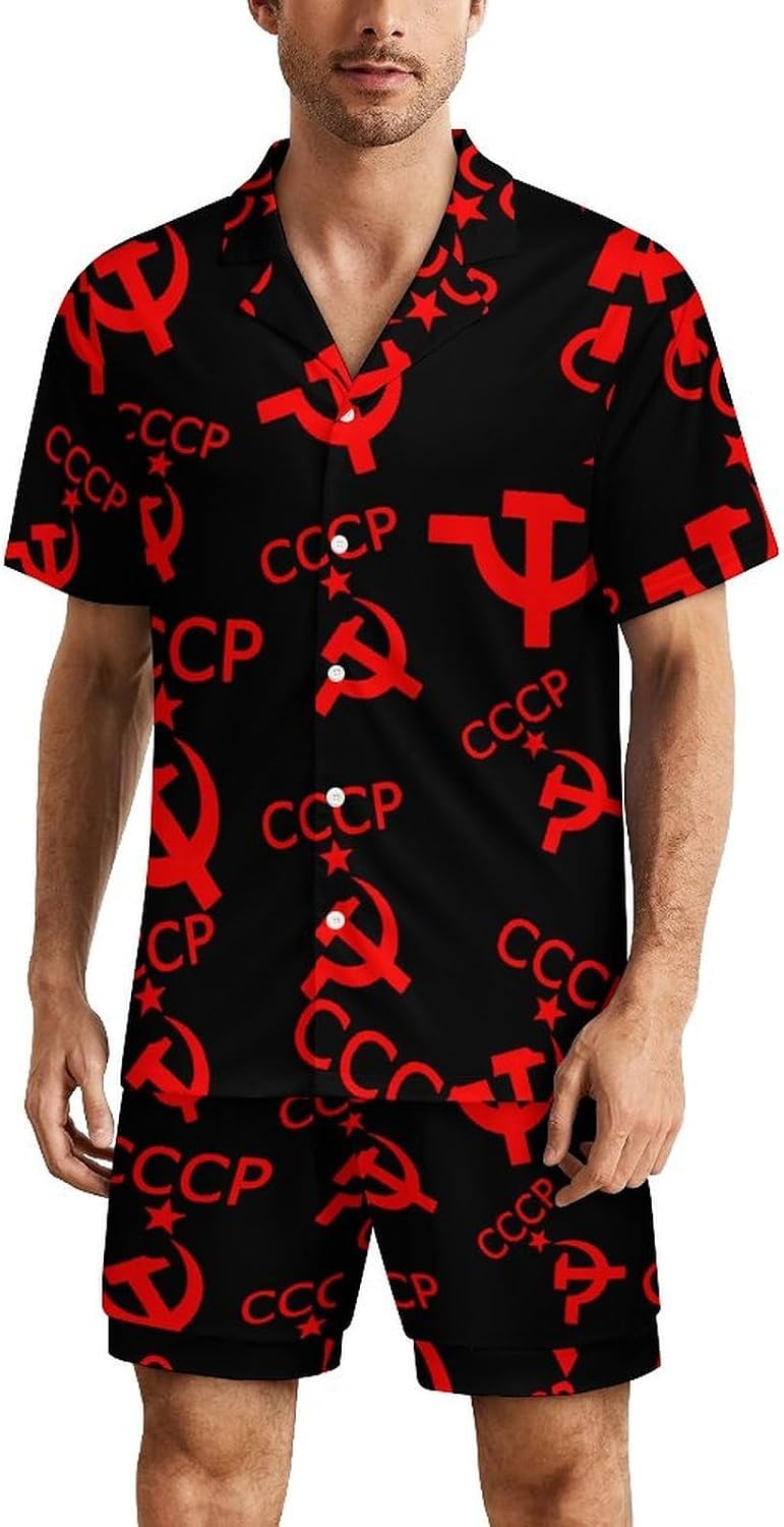 CCCP Star Soviet Union USSR Men's Short Sleeve Pajama Set Satin Silk Like Lounge Sleepwear