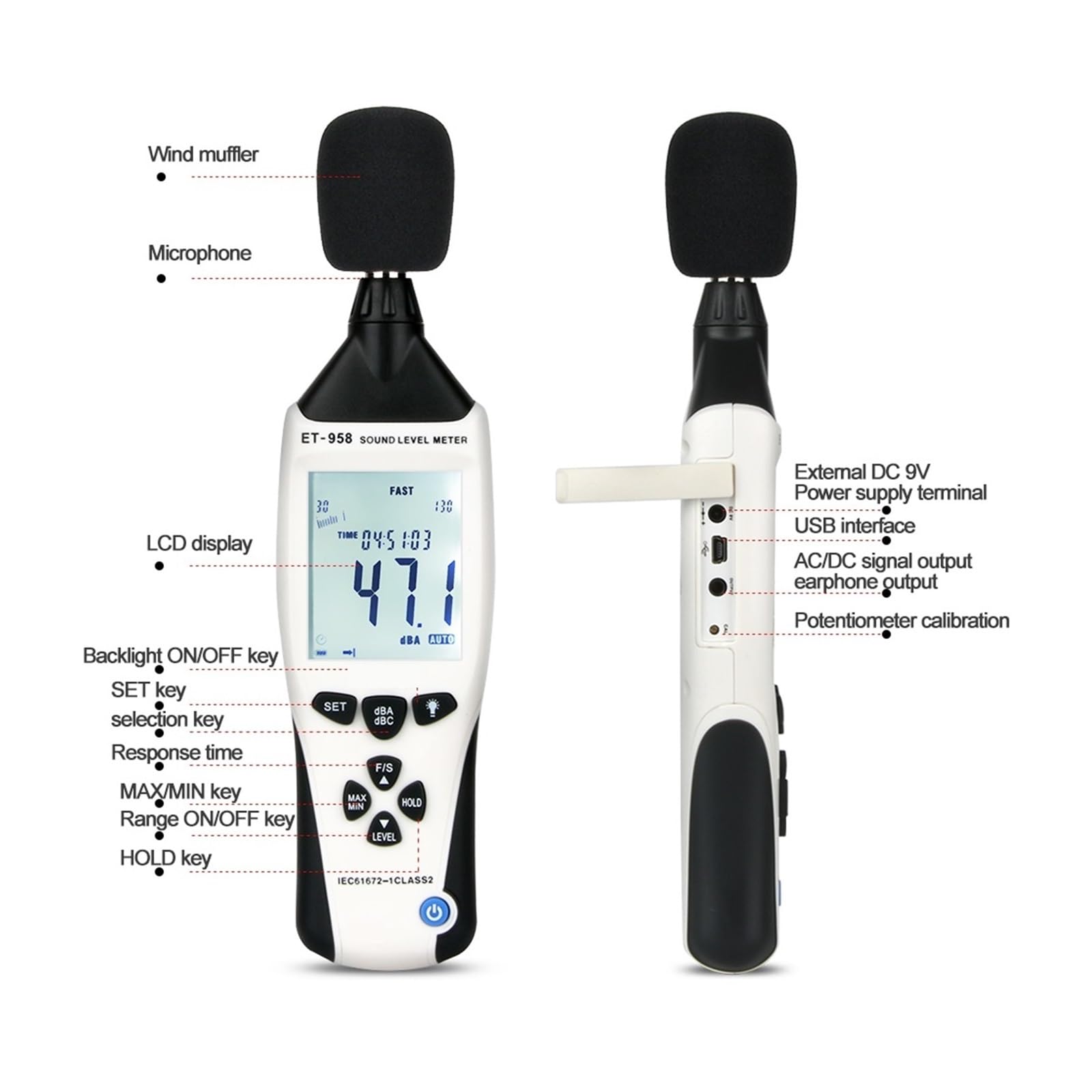 Misuratori Di Livello Sonoro Datalogger Fonometro Digitale Professionale Misuratore Rumore Audio 30-130 DB Decibel Precisione Estremamente Elevata