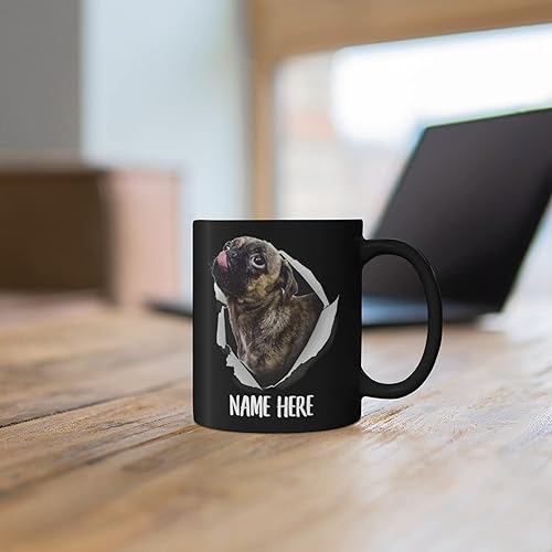 Miniatura 5 de Divertida taza de café personalizada con nombre personalizado de Pug Brindle, regalos de Navidad 2025, tazas de cerámica, color negro, 11 onzas