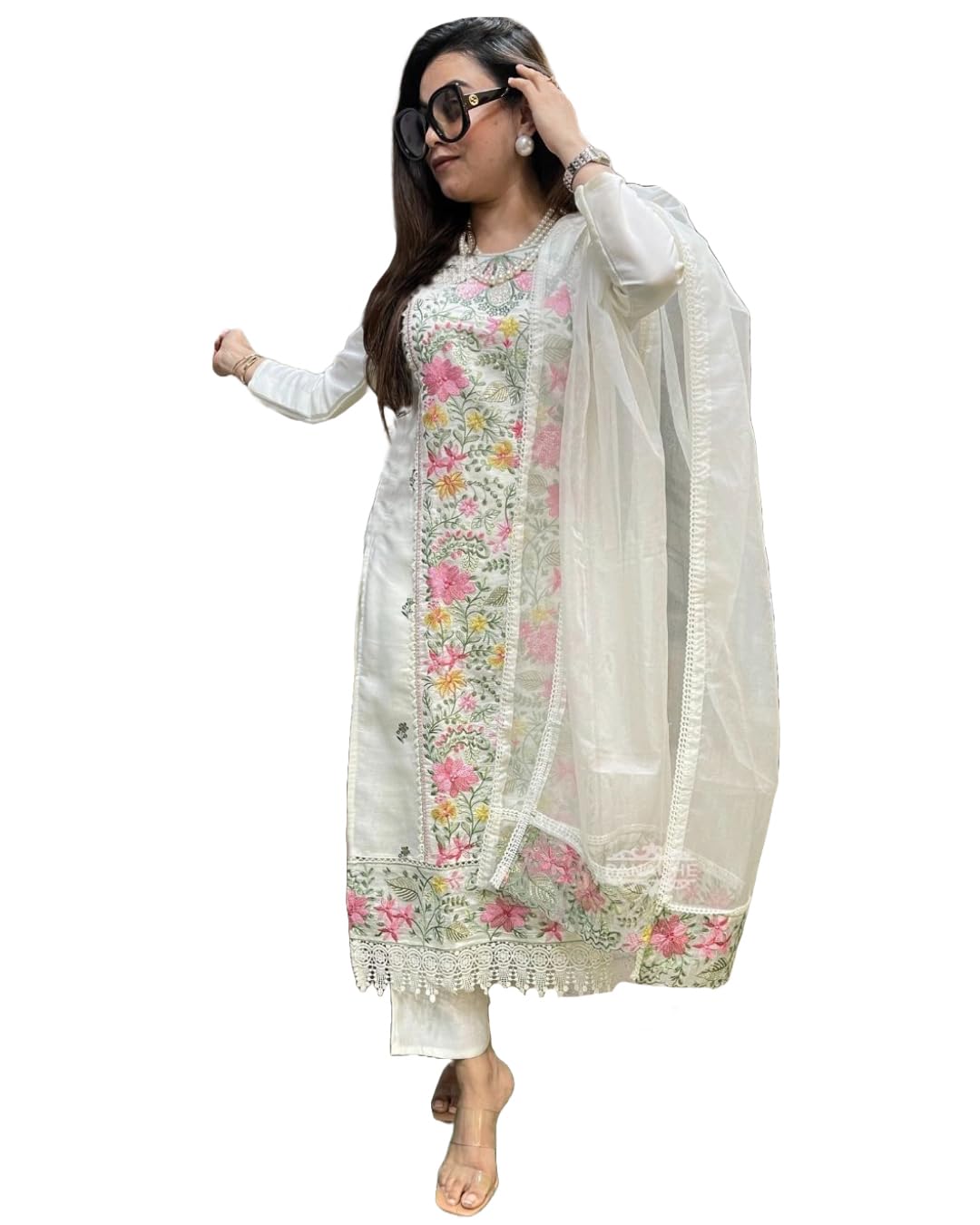 GoSriKi Kurtabroek voor dames, viscose, viscose, recht, dupatta-set, bandhani-blokprint, katoenen kurtaset met etnische dupatta jurk, feestelijke kurta-set, oranje, XL