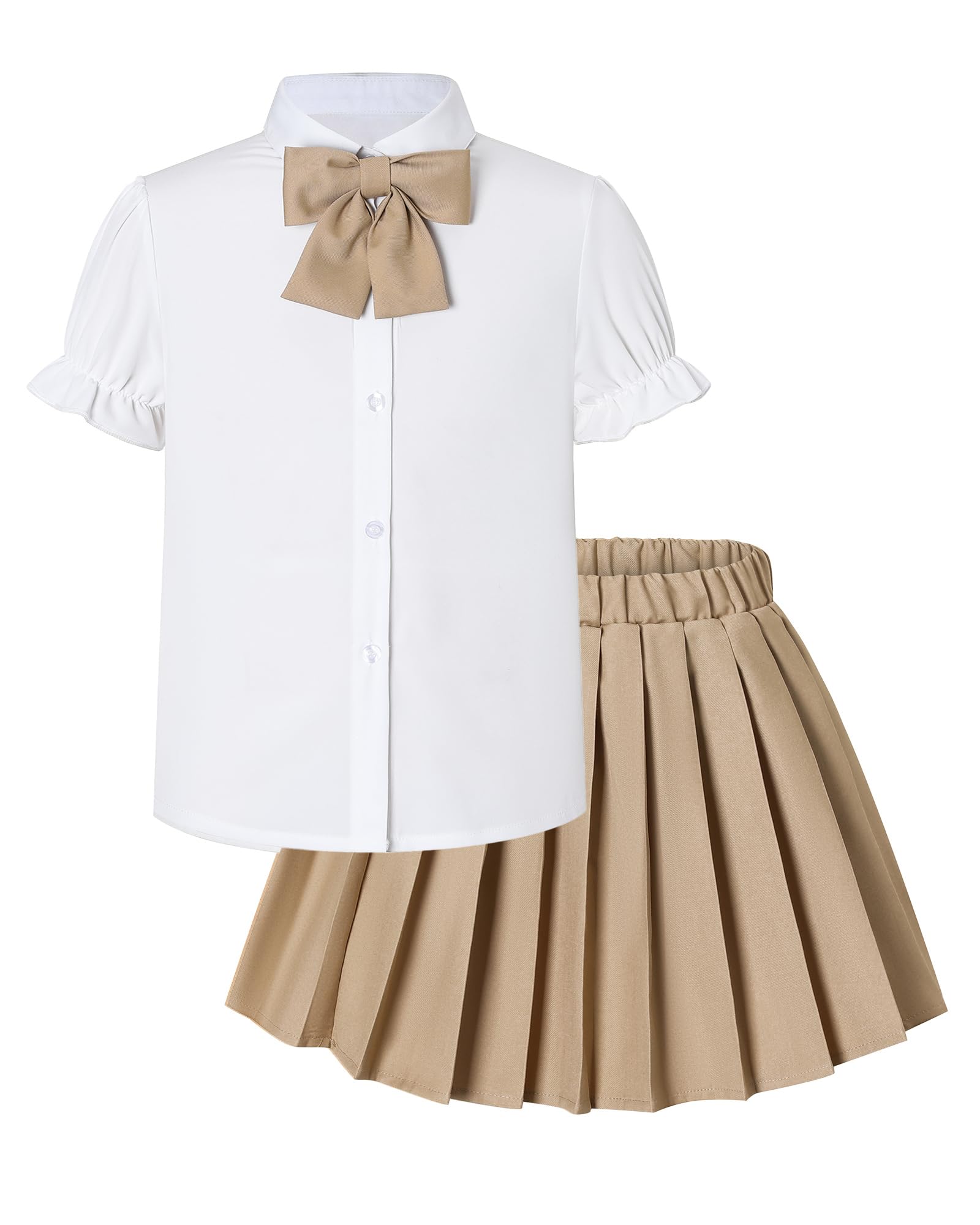 Betusline Girls JK Uniform Outfit, Shirt with Bow &amp; Pleated Skirt,4T-16Y