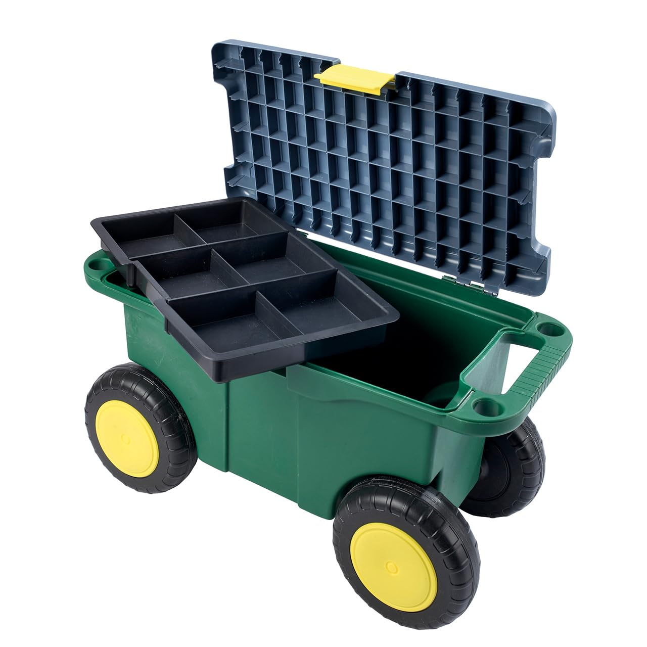 Garden Tool Trolley & SeatPlastic Storage Cart Box With 4 Wheels2 HandlesClasp Lid & Removeable TrayH30 X W55 X D27Cm from B&Q