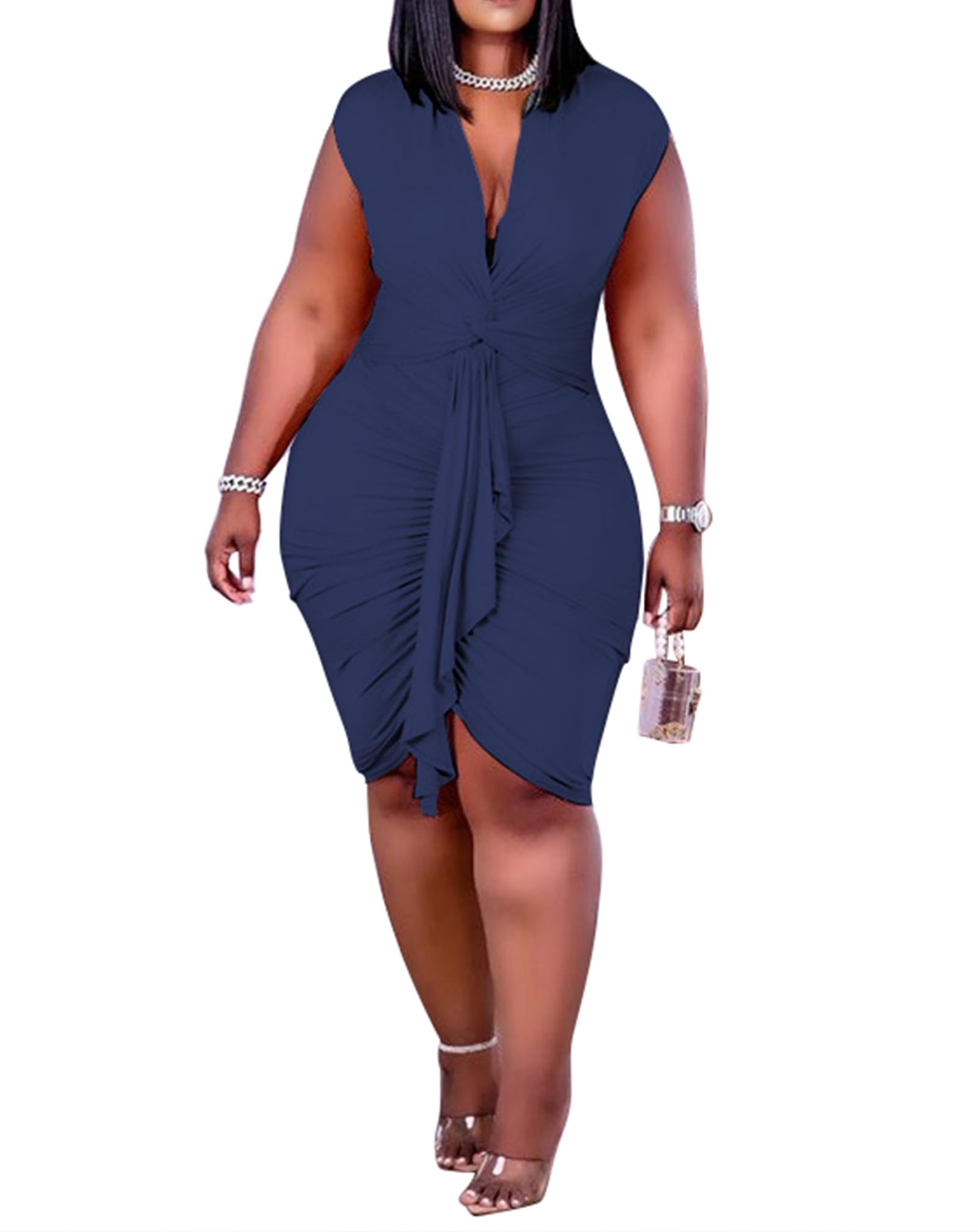 IyMoo Women's Sexy Plus Size Bodycon Drawstring Ruched Mini Club Dress