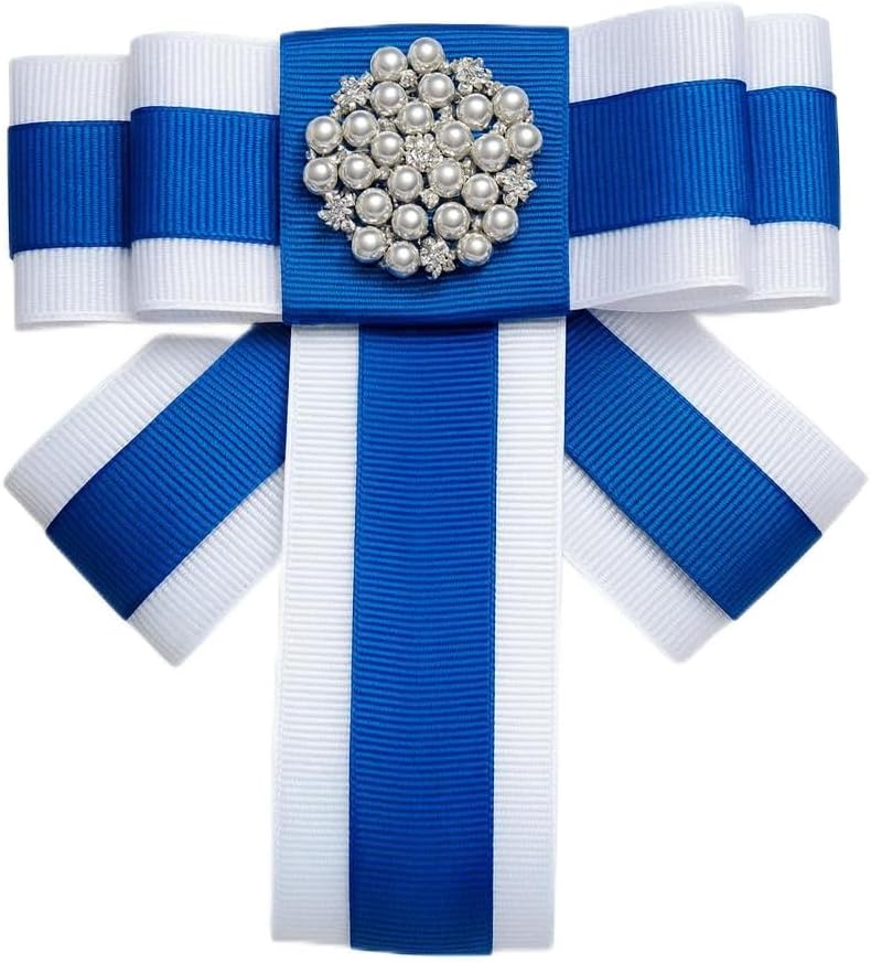 Ribbon Bow Tie Elegant Pearl and Crystal Bow Brooch, Royal Blue and White Ribbon, Decorative Fashion Accessory with Rhinestone Center, Sorority Paraphernalia Flower Brooch Pin for Women Greek, Sorority Inspired for D9 Events, Conferences, Luncheons