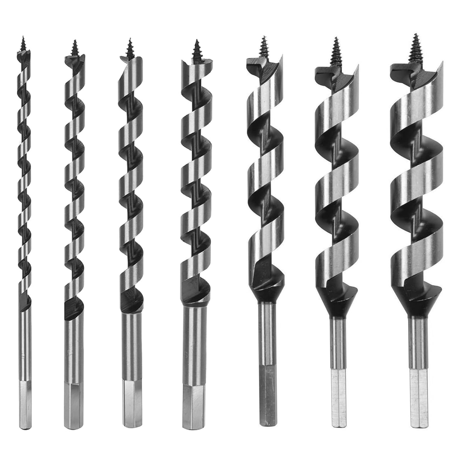 7Pcs Wood Auger Bit Set 9-in Length Screw Point Hex Shank Drill Deep Hole in Woodworking Cutter