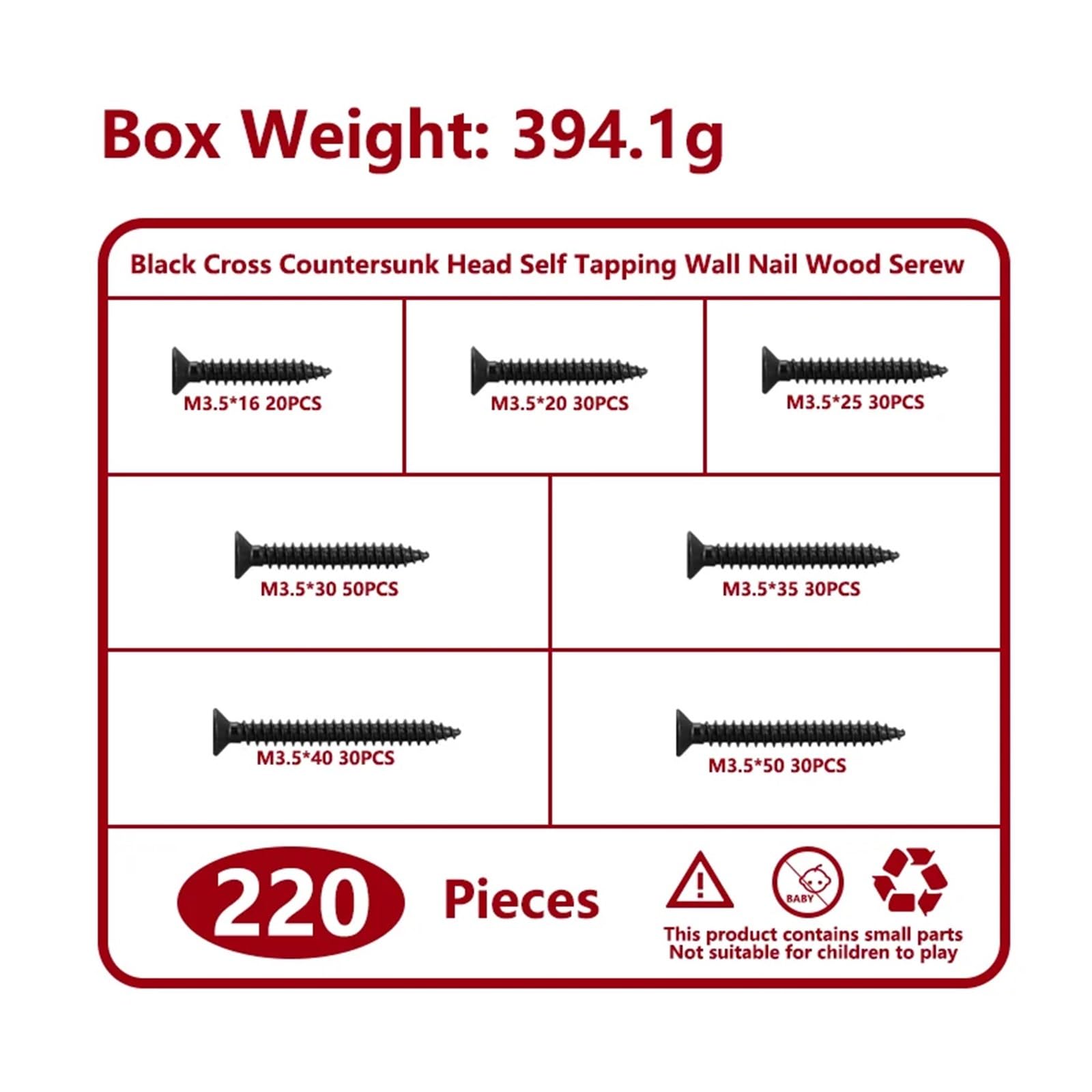 VNJUGF 220 piezas/caja Tornillos autorroscantes for madera con cabeza avellanada cruzada, tornillo de cabeza plana, punta endurecida, tornillo for paneles de yeso, clavo M3,5 wanglan(5 BOXES)