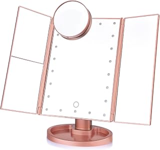 Trifold Lighted Makeup Mirror with Lights - 22Pcs Adjustable LED Lights, 2X 3X Magnification, 180 Degree Rotation, Dual Power Supply,White