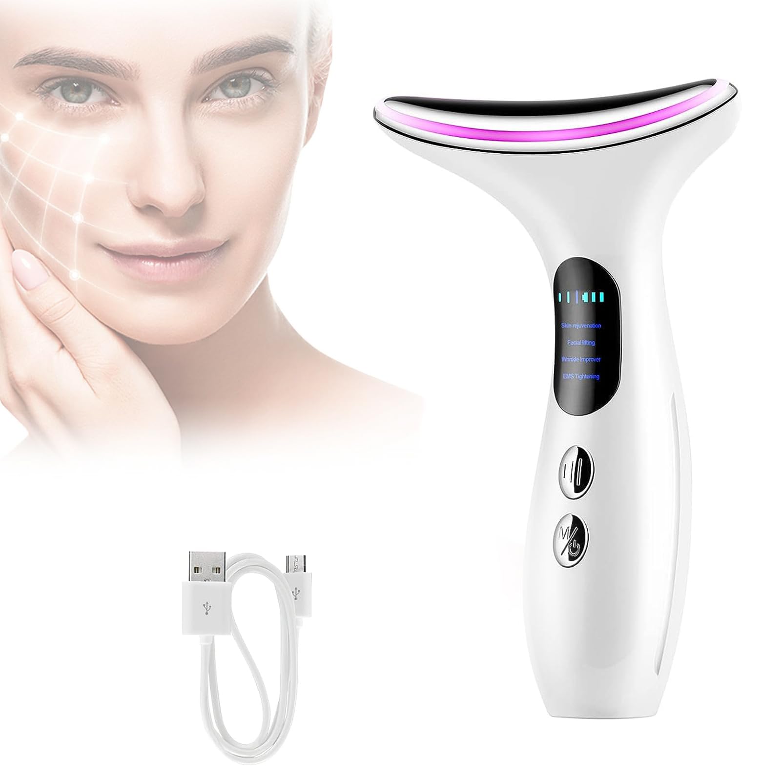 DVONE Masajeador Facial eléctrico Antiarrugas, 11000/min Vibración EMS Dispositivo de Belleza para el Cuello a 45°C con Luz Tricolor para Rejuvenecimiento Antiarrugas, Recargable por USB