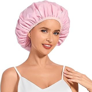 Shower Cap for Women Waterproof Reusable, Large Shower Cap Non-Slip with Elastic Band, Washable Bath Hair Hat for Long Hair, Braids (Pink)