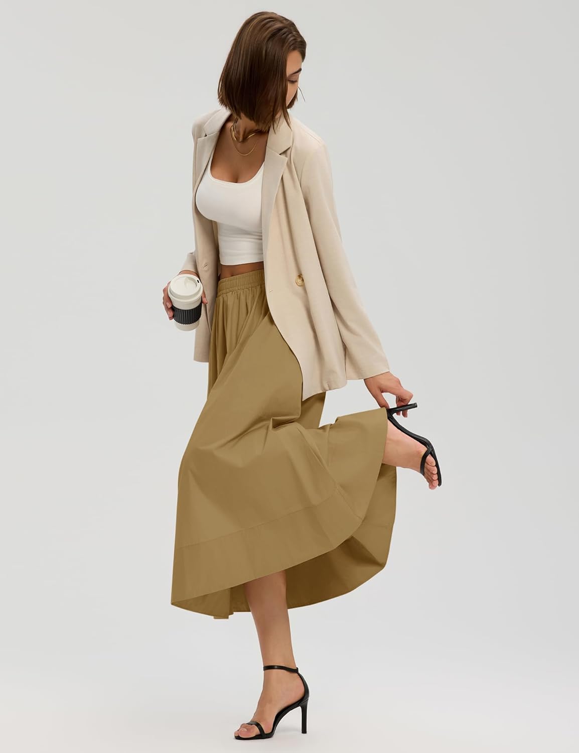 LOMON Midi Skirts for Women A-Line Cotton Flowy Maxi Skirt Boho Summer Beach Casual Elastic Waist Dress Outfit with Pockets - Image 4