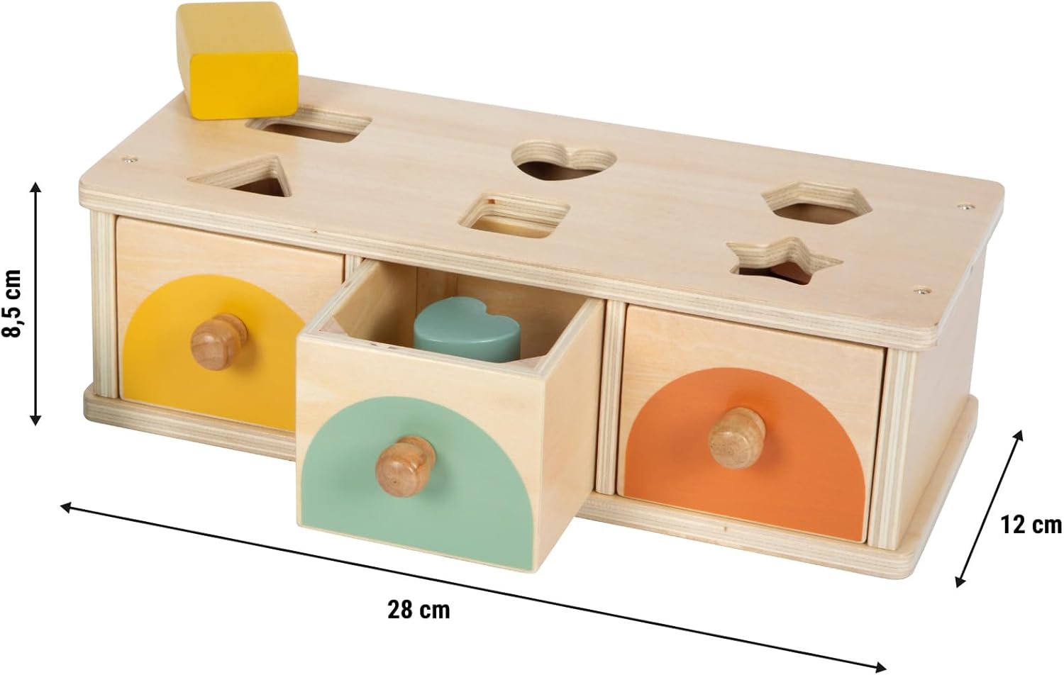 small foot Montessori 12746 Stacking Box, 100% FSC Certified Wood, 3 Drawers with 6 Coloured Blocks, for Children from 1 Year