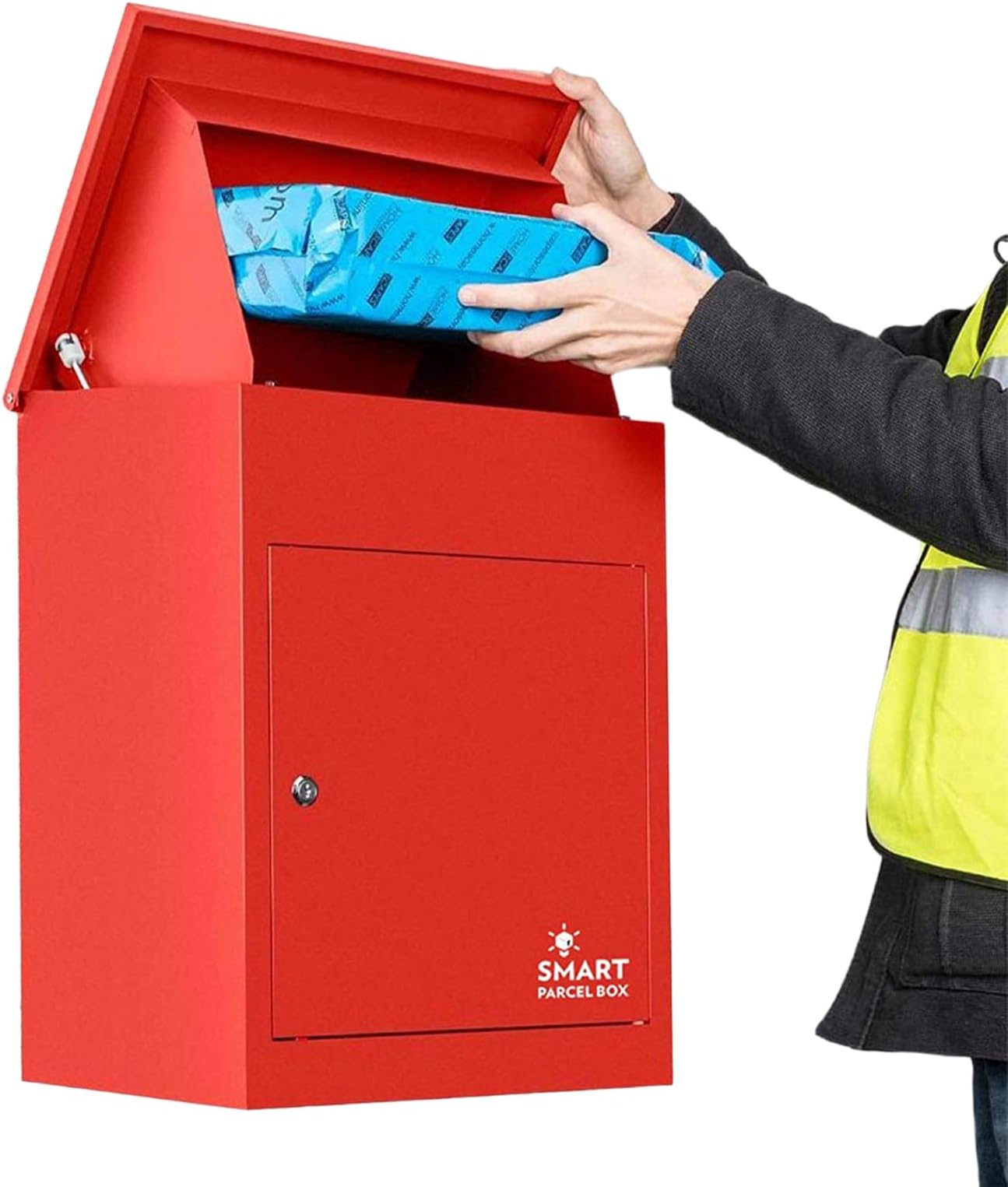 SMART PARCEL BOX Wall Mounted Parcel Box Outdoor, Medium Red Delivery Box, Secure, Durable Galvanised Steel Weatherproof, Lockable For Post, Multiple Letters & Large Package Drop