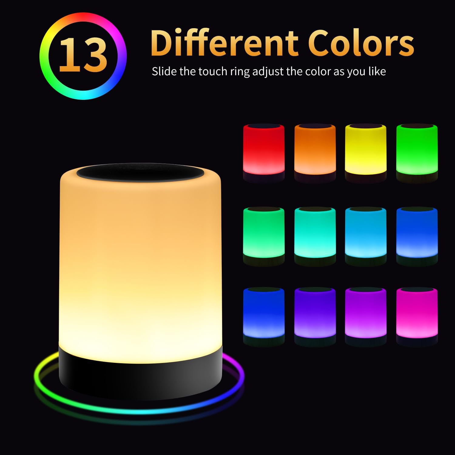 OORUN Touch Bedside Table Lamp,13 RGB Colors & 5 Brightness, USB Rechargeable Desk Lamp, Remote Control Dimmable Night Light with RGB Color Changing,Portable Lamp for Baby (2 Pack Black)