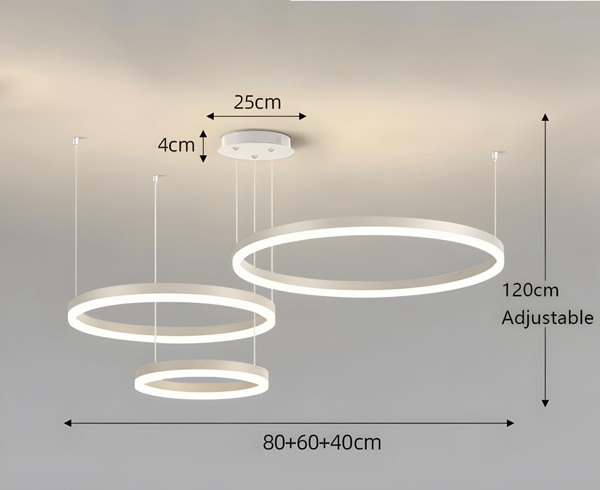 Lámpara LED Metal | 3 Círculos 40+60+80cm | 90W Lámpara Colgante Techo Anillos, Control Remoto Regulable 3000-6000 K, Lámpara Colgante Pantalla Acrílica Sala Dormitorio Vestíbulo【Blanco】