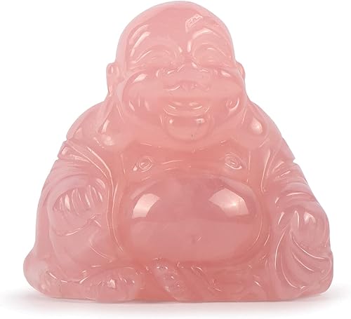 Artistone Estatua de Buda sonriente de cuarzo rosa de 2 pulgadas, piedra preciosa tallada de Buda feliz Feng Shui, piedra de bolsillo de cristal