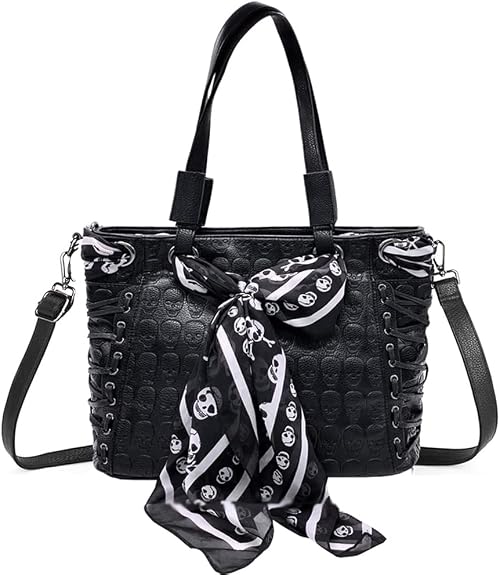 Downupdown Women Handbags Purse Shoulder Bags Skull Print Leather Hobo Bag Black Gothic Bag Ladies Satchel with Handkerchief
