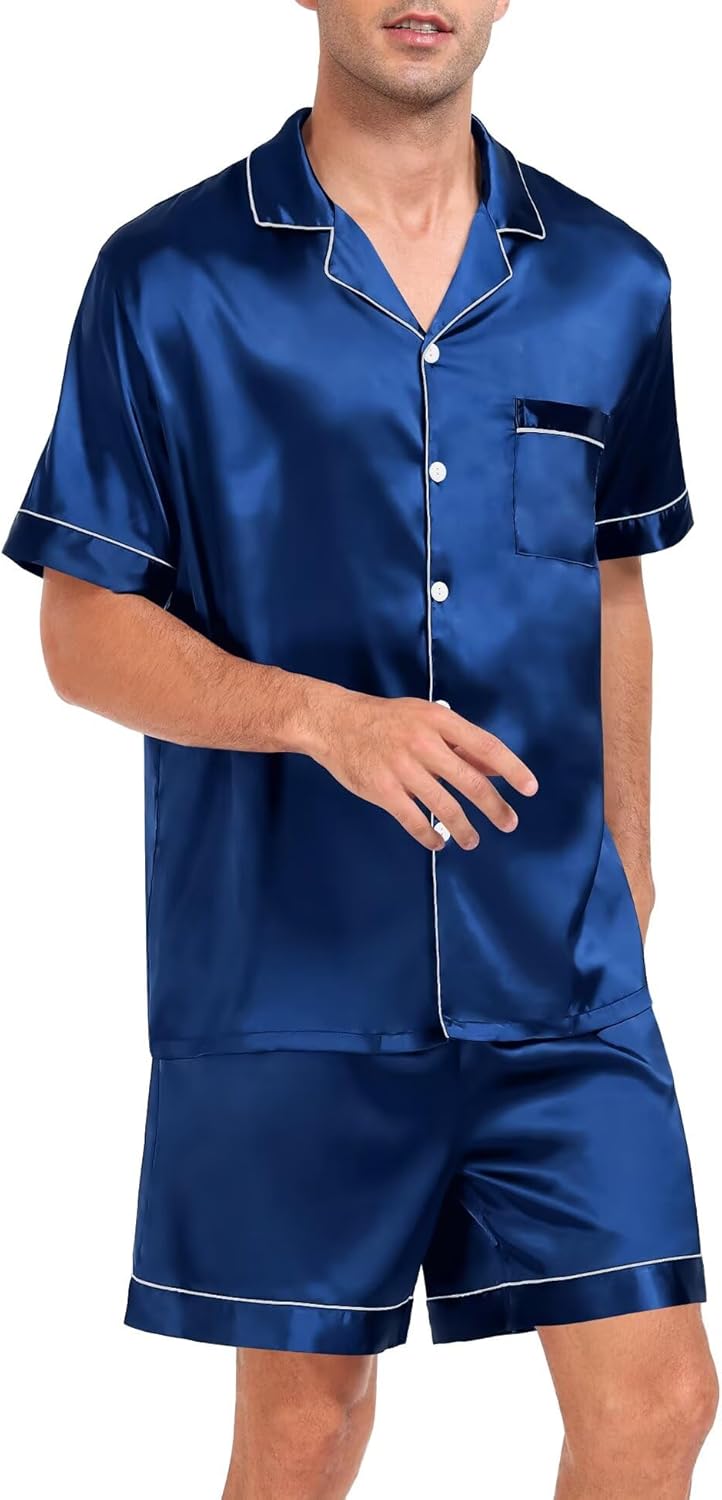 SWOMOG Men Silk Pajama Set Short Sleeve Satin PJs Sets 2 Piece Button Down Sleepwear Soft Summer Loungewear with Pockets - Image 6