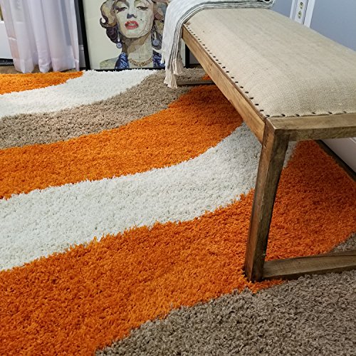 Shag Area Rug 5x7 | Wave Curve Orange Beige Ivory Shag Rugs for Living Room Bedroom Nursery Kids College Dorm Carpet by European Made MH10 Maxy Home