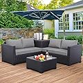 Outdoor PE Wicker Patio Furniture Set 4 Piece Black Rattan Sectional Loveseat Couch Set Conversation Sofa with Storage Box Glass Top Table and Non-Slip Grey Cushion