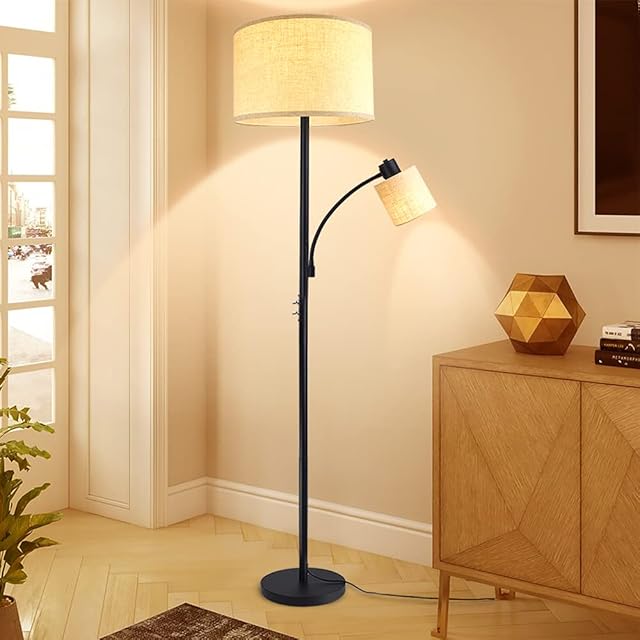 Depuley 2 Head Mother and Child Standing Floor Lamp, 3000k Warm White, Black Iron Reading Floor Lamps, Eye-Care Floor Light for Living Rooms, Bedrooms, Office, Modern Pole Light with 2* LED E27 Bulbs
