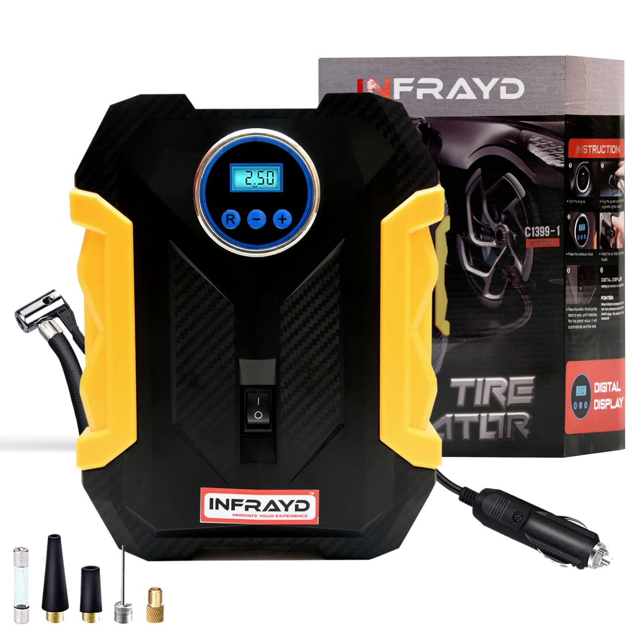 Infrayd Tire Inflator Portable Air Compressor 150 PSI, Bike Pump, DC 12V Electric Air Pump for Car Tyres and Bicycles w/LED Light, Digital Tire Pressure Gauge Machine w/Auto Pump/Shut Off (Black)