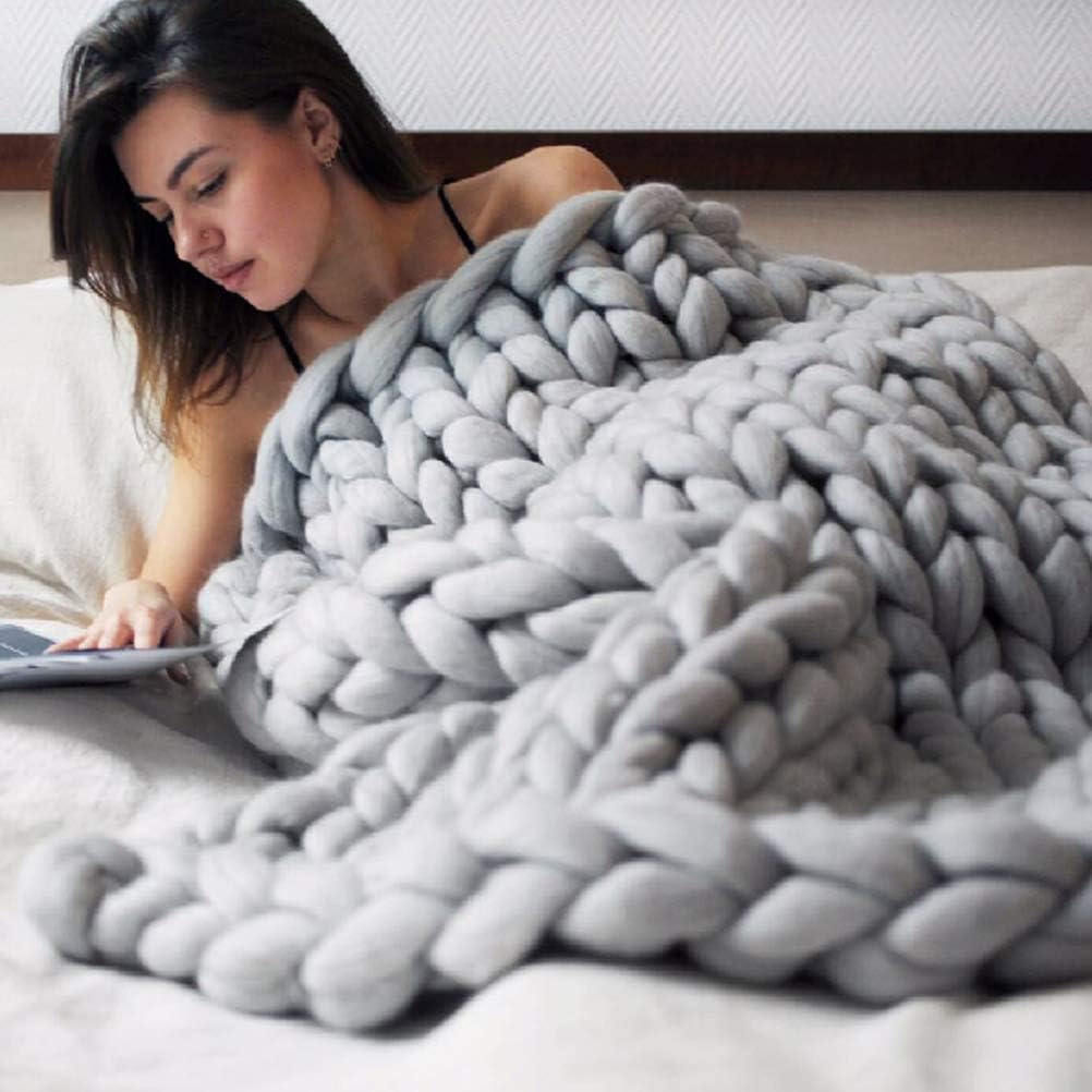 Cozy Chunky Knit Blanket, Soft Wool Yarn Handmade Throw, for Sofa, Pet Bed, 50x50cm (Gray #91)