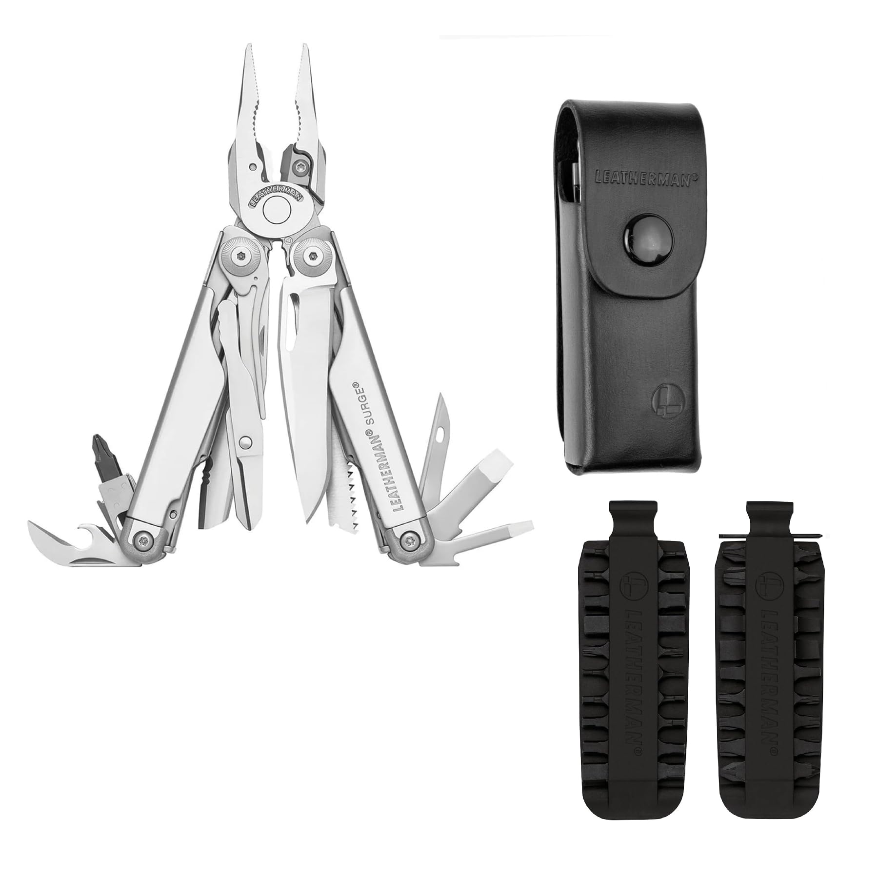 Leatherman Surge Multi-Tool, Holster & Bit-Kit-Bundle - 21-teiliges, robustes Multifunktionswerkzeug aus Edelstahl mit 42 Bits und Schwarzem, Großem Lederholster