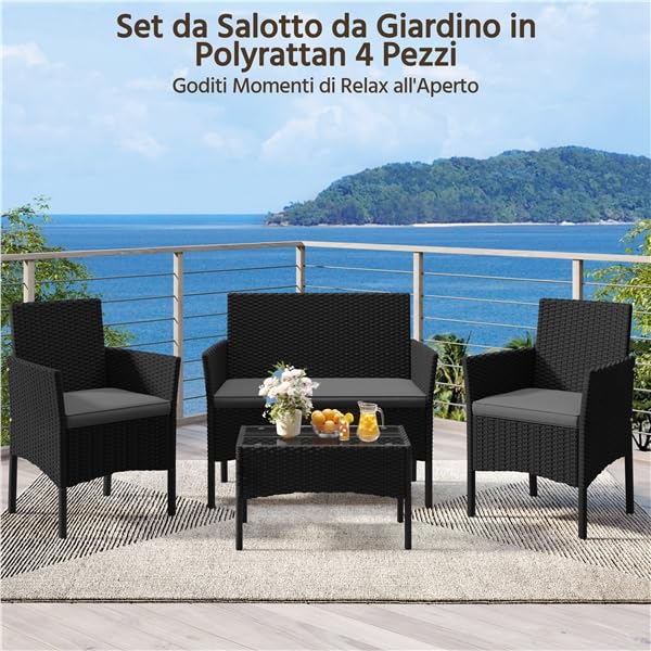 Yaheetech Set da Giardino in Rattan, 4 Posti, con divano a 2 posti, 2 sedie, tavolo e cuscini per seduta resistente alle intemperie, Salotto da Siardino Esterno, per Terrazza Balcone Patio