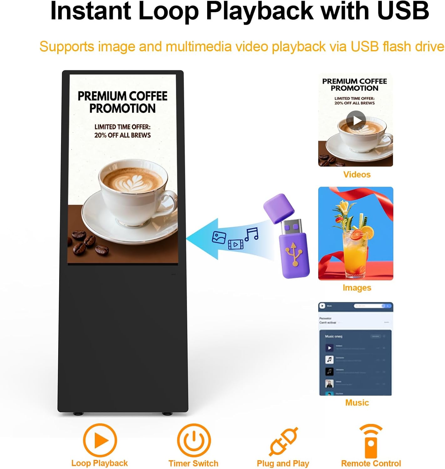32" Digital Signage, 350nits Advertising Display, Portable Digital Signage with CMS/U-Disk Plug&Play, Split Screen, 7/24 Operation, Free Customized Logo, HDMI/USB/WiFi/Android, Ideal for Restaurant