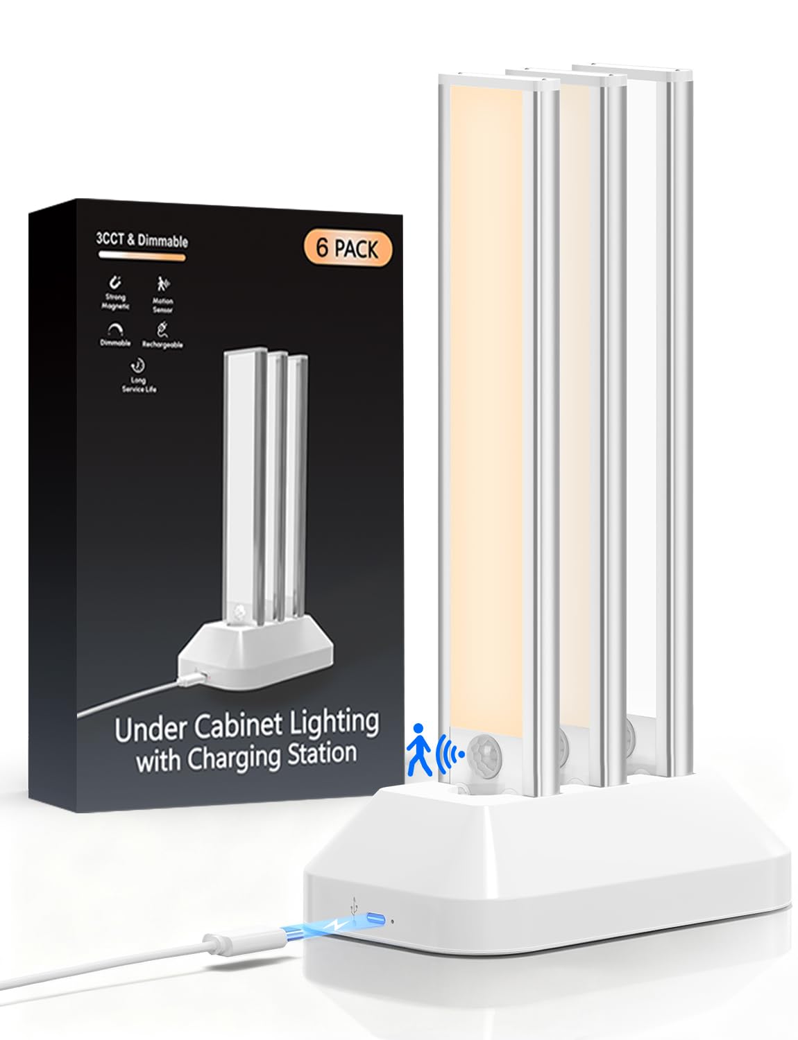 Photo 1 of 2000mAh Rechargeable Motion Sensor Light Indoor, Under Cabinet Lighting with Charging Station, 3 Color Tempers Dimmable Closet Lights Wireless, Magnetic Under Cabinet Lights for Kitchen, 6-Pack