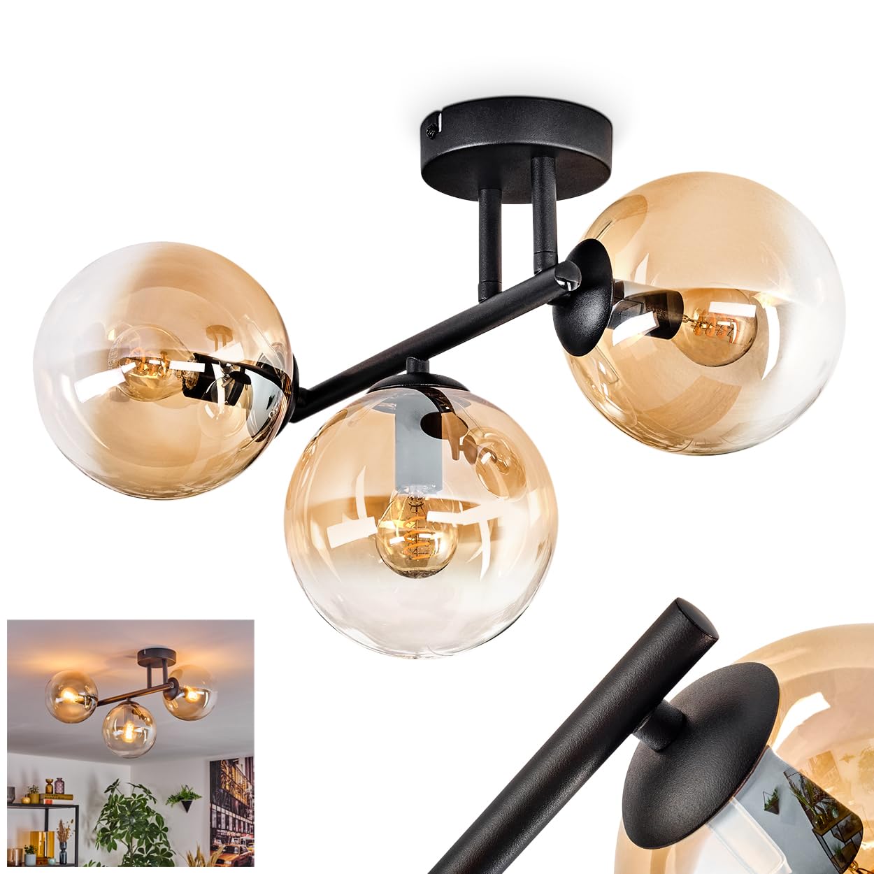 Hofstein Light/Black/Amber Gastor Ceiling 3-Burner Ceiling Lamp Made Of Metal/Glass In /Amber/Clear, Retro/Vintage Design (Shade Ø 15Cm), E14, Dining Room, Living Room, Bedroom, Kitchen