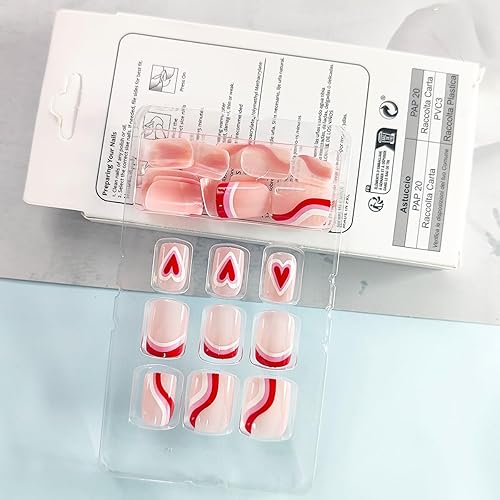 Miniatura 3 de Uñas postizas a presión con forma de corazón, estilo ataúd, San Valentín, 24 unidades, uñas postizas para el día de San Valentín con puntas