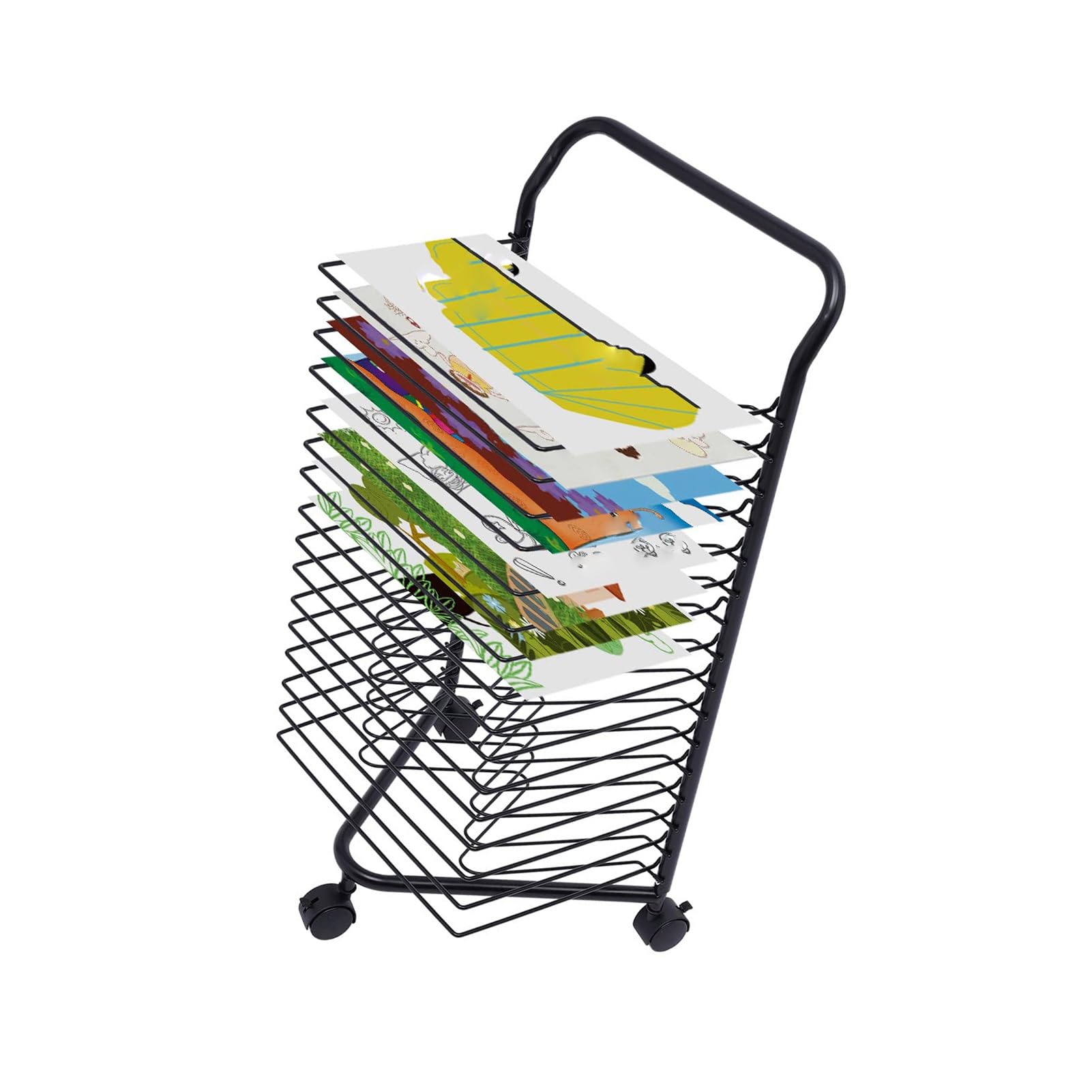 Aioneer 16 Tiers Artwork Drying Cart, Iron Storage Stand With Wheels, For Schools Studios Home Kindergarten,Black