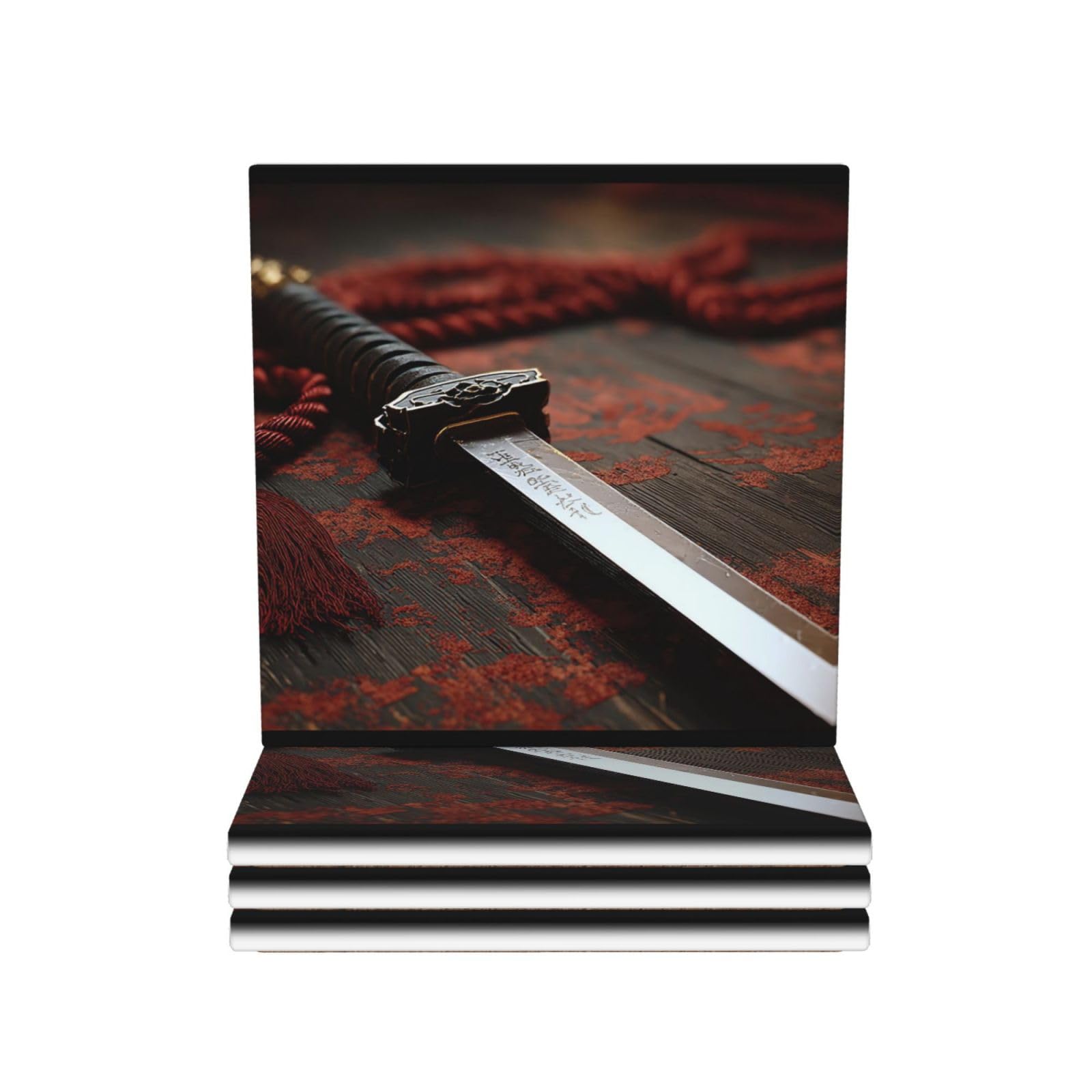 Drink Coasters Set of 4 Ceramic Coaster Japan Samurai Sword Coasters for Drinks Cups Mugs Mat Pads Absorbent Non-Slip Decorative Cup Coaster for Coffee Table Kitchen Bar Home Decor