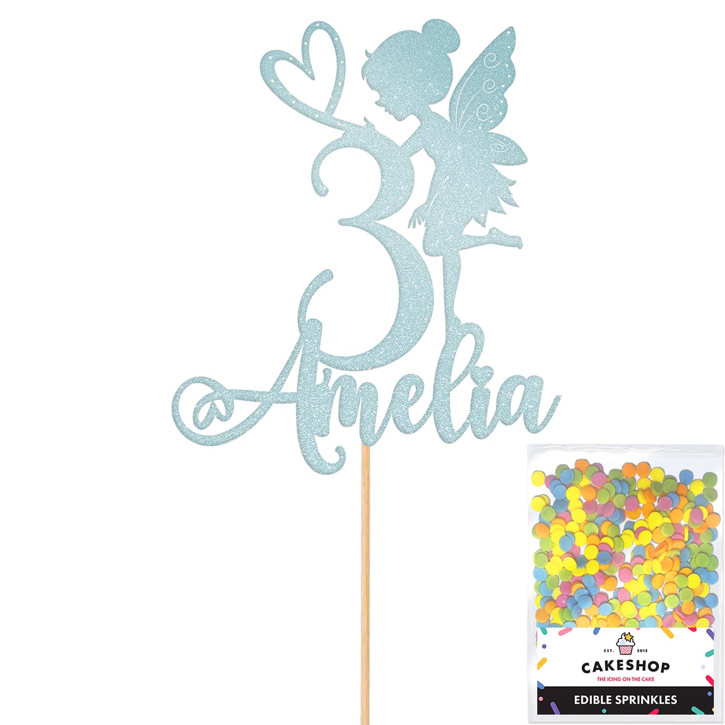 Personalised Fairy Gltter Cake Topper- Light Blue Any Custom Name & Age Glitter Cake Decoration and Sprinkles - Happy Birthday Decorations - Personalised Toppers for Cakes by Cakeshop