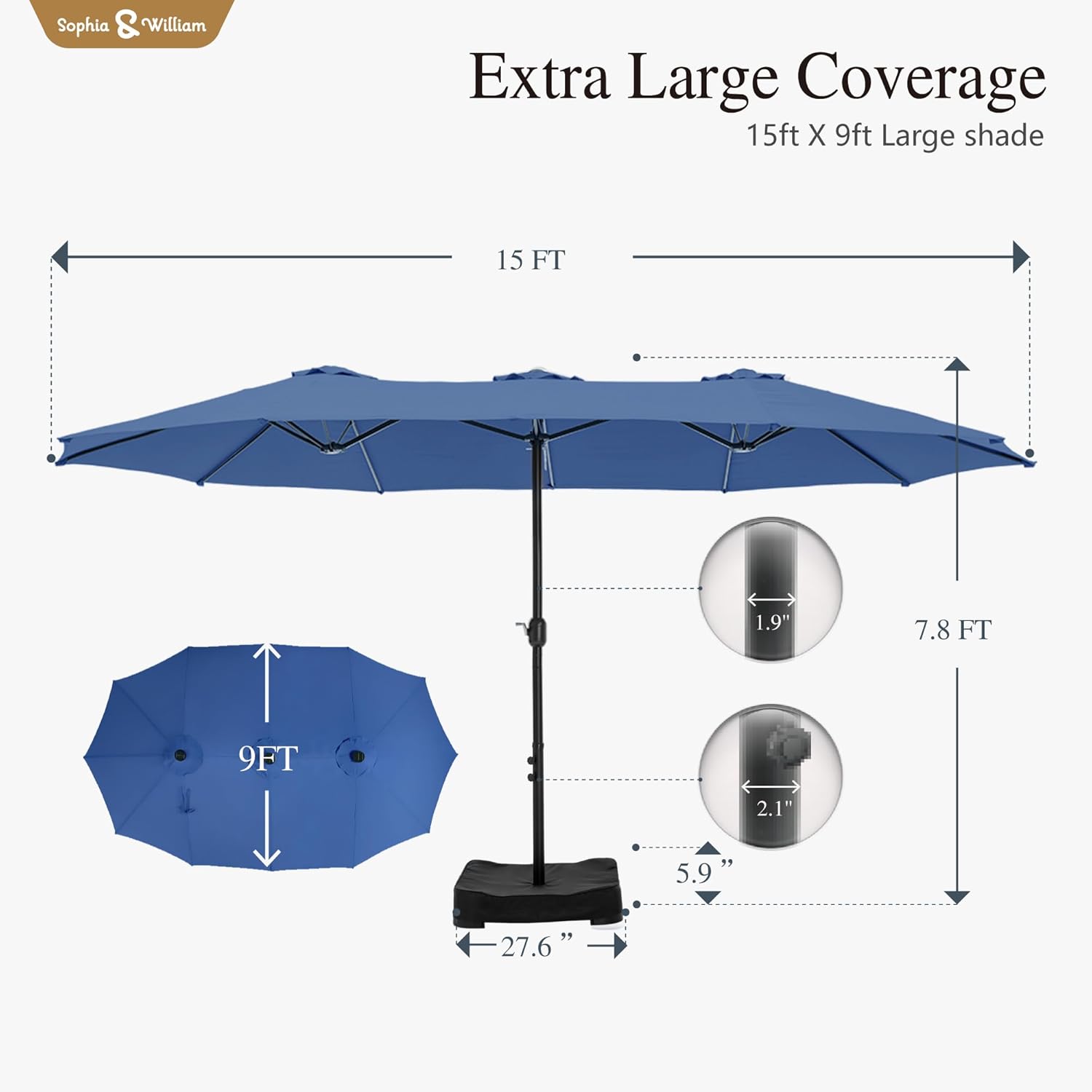 Sophia & William 15 ft Extra Large Patio Umbrella with Base Included, Rectangular Outdoor Umbrella Heavy Duty, Market Umbrella Double-sided Fade Resistant for Pool Garden Backyard, Haze Blue