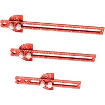 Woodworking Ruler, Adjustable Mark Angle & Straight line Scribe, Precision Pocket Ruler Metal Metric & Inch Portable Slide Rule Woodworking Tool T Square with Protractor Angle Finder red in 3pcs