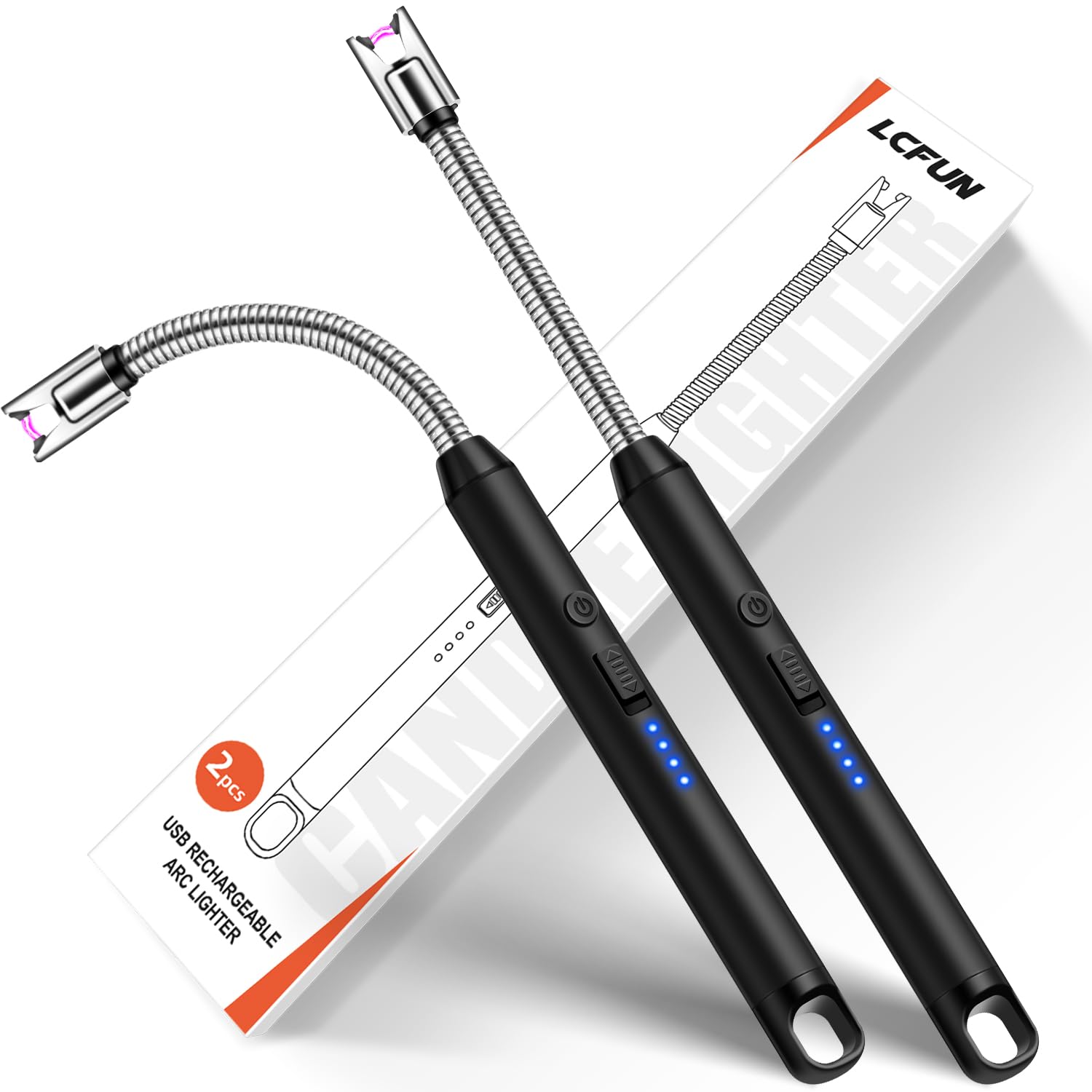lcfun2 Pack Candle Lighter Windproof USB C Rechargeable Electric Lighters with 360° Flexible Neck & Safety Lock, Christmas Stocking Stuffers Gifts, Flameless Long Lighters for Candle Grill, BBQ