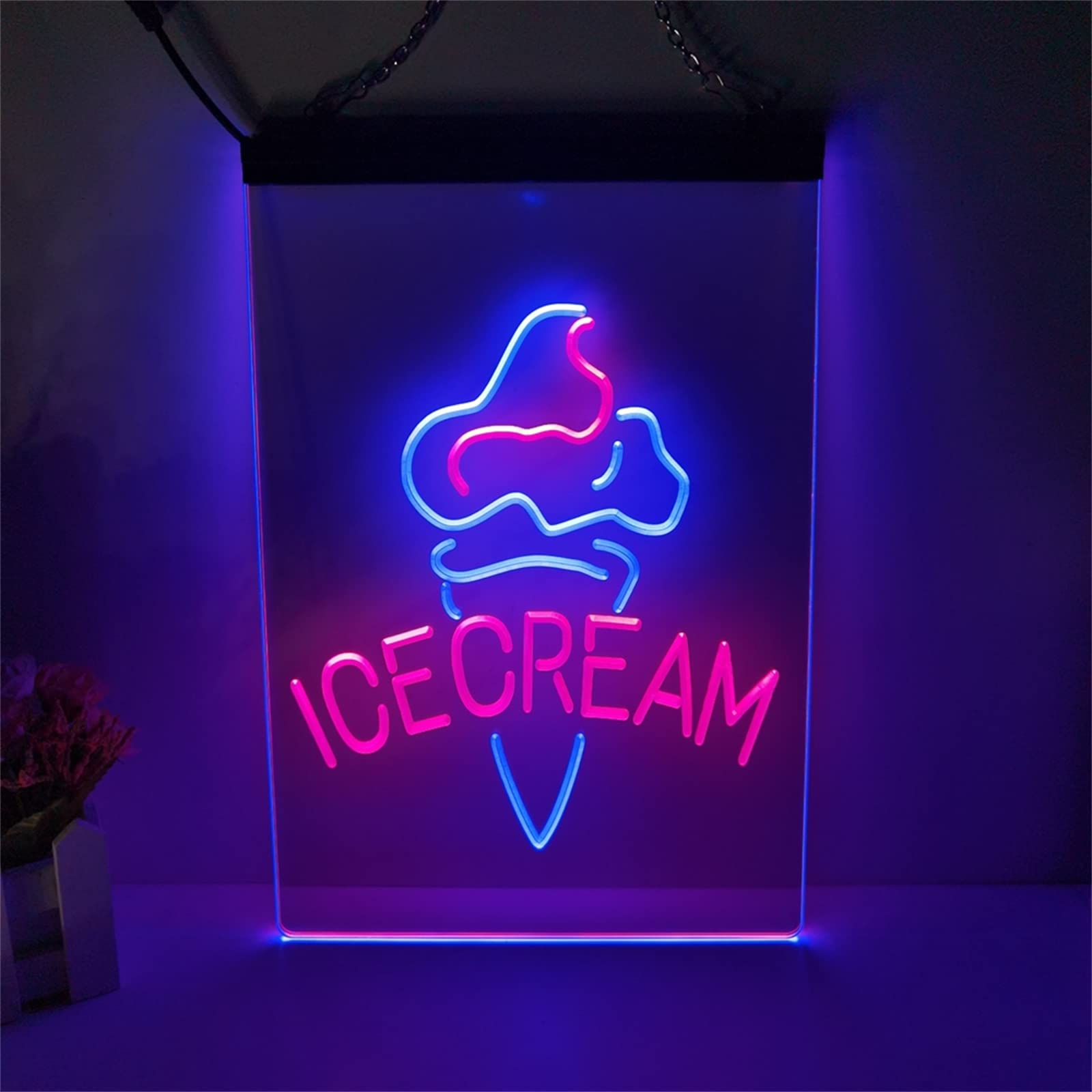 REWIS Ice Cream LED Neon Signs, USB Powerd Blue And Red Neon Lights, for Ice Cream Ads Signboard,40X30cm,E