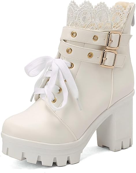 MEOTINA Goth Platform Boots Lace Buckle Gothic Cosplay Booties Chunky High Heels Ankle Boots Zipper Punk Shoes