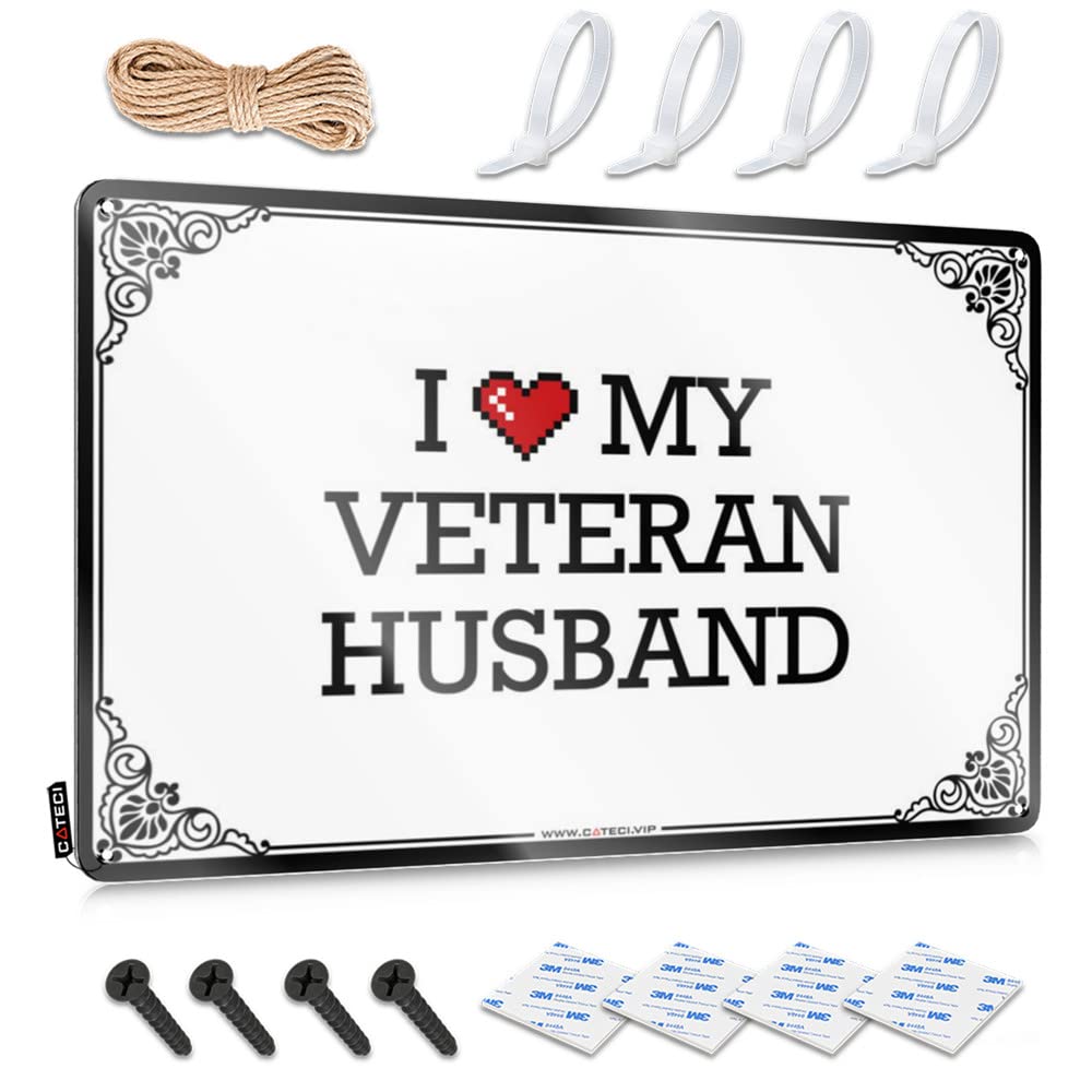 Holiday, Vintage Wall Decor Funny Reusable Wall Decor, Trendy Rustic Metal Tin Sign For Man Cave | Camping Holiday Gift Custom I Love My Veteran Husband(20X30CM)