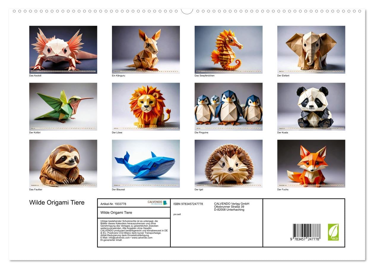 Wilde Origami Tiere (hochwertiger Premium Wandkalender 2026 DIN A2 quer), Kunstdruck in Hochglanz: Der Kalender zeigt bekannte Tiere als charmante und ... Falttechniken mit tierischer Niedlichkeit.
