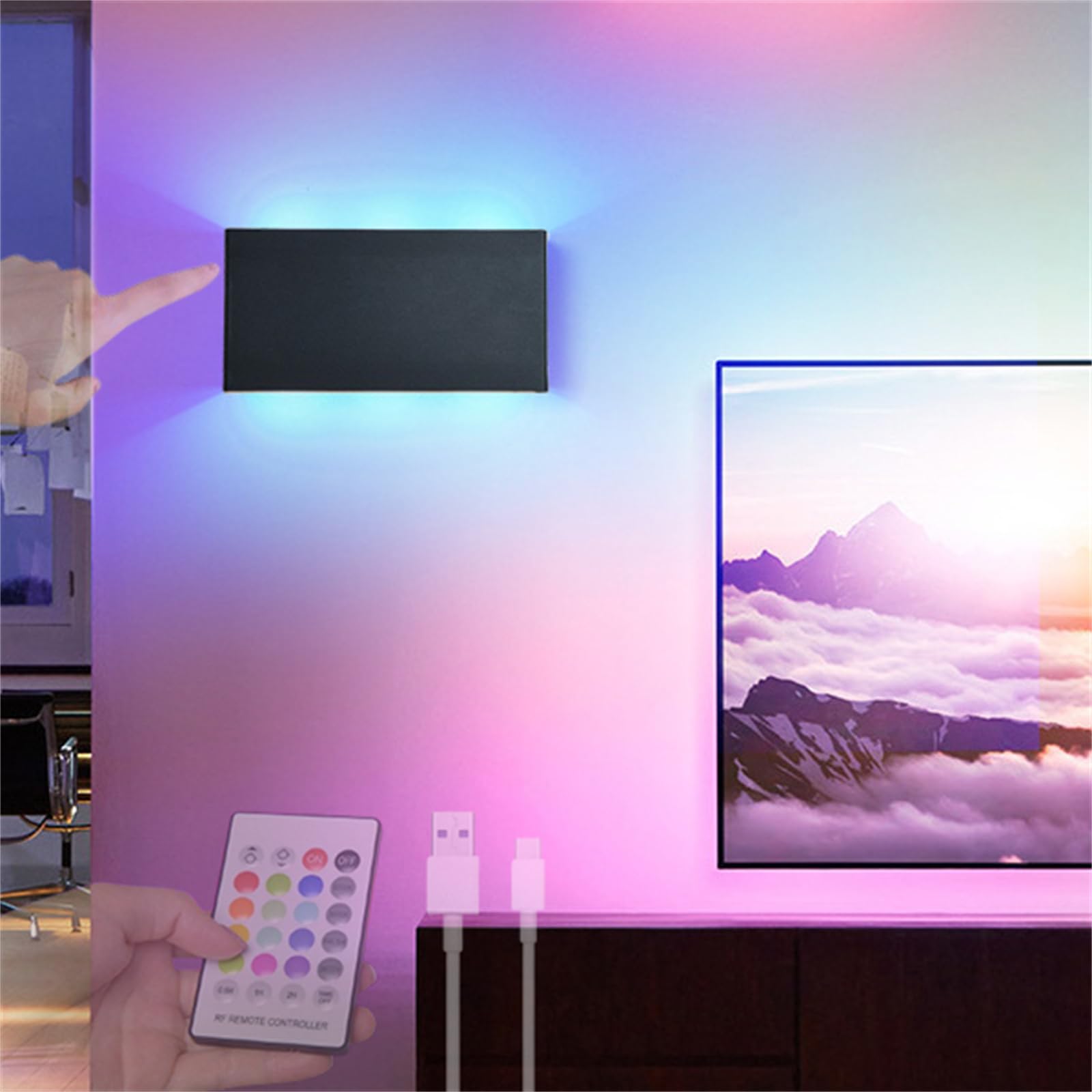 Recargables USB Lámpara de Pared con Batería LED Interior RGB Regulable Aplique de Pared con Mando a Distancia Iluminación de Pared Lámpara de Pasillo Dormitorio Sala de Estar (Negro)