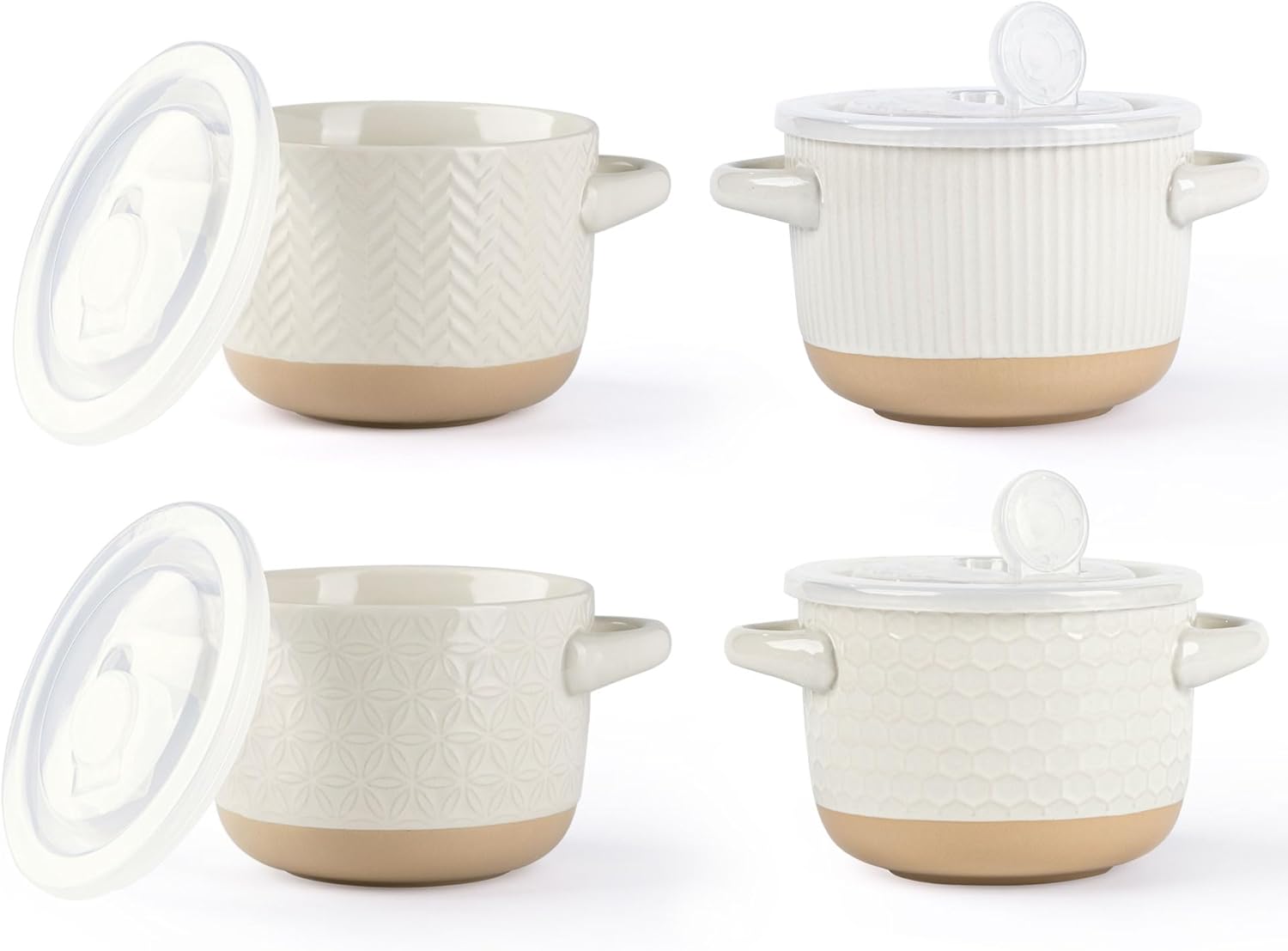 AmorArc 24 Ounces Soup Bowls with Large Handles and Lids, Stoneware Bowls Set of 4 for Soup,Stew, Noodle, Ceramic Kitchen Bowls With Embossed Patterns, Microwave&Dishwasher Safe, Light Beige