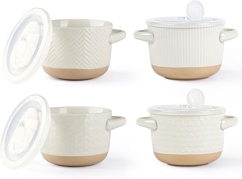 AmorArc 24 Ounces Soup Bowls with Large Handles and Lids, Stoneware Bowls Set of 4 for Soup,Stew, Noodle, Ceramic Kitchen Bowls With Embossed Patterns, Microwave&Dishwasher Safe, Light Beige