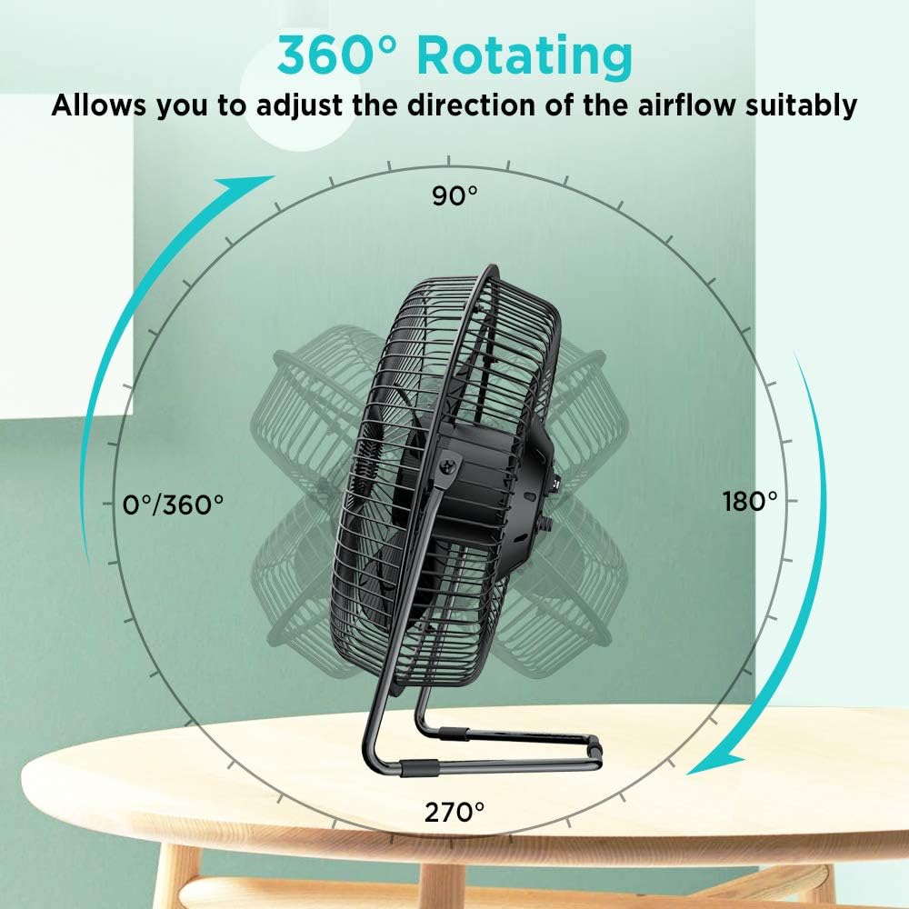 EasyAcc 9 Inch USB Desk Fan Ultra-quiet USB Powered 360° Rotation Desktop Fan with Metal Frame, Portable Personal Cooling Fan with 2 Speed for Home Office (USB POWERED ONLY)