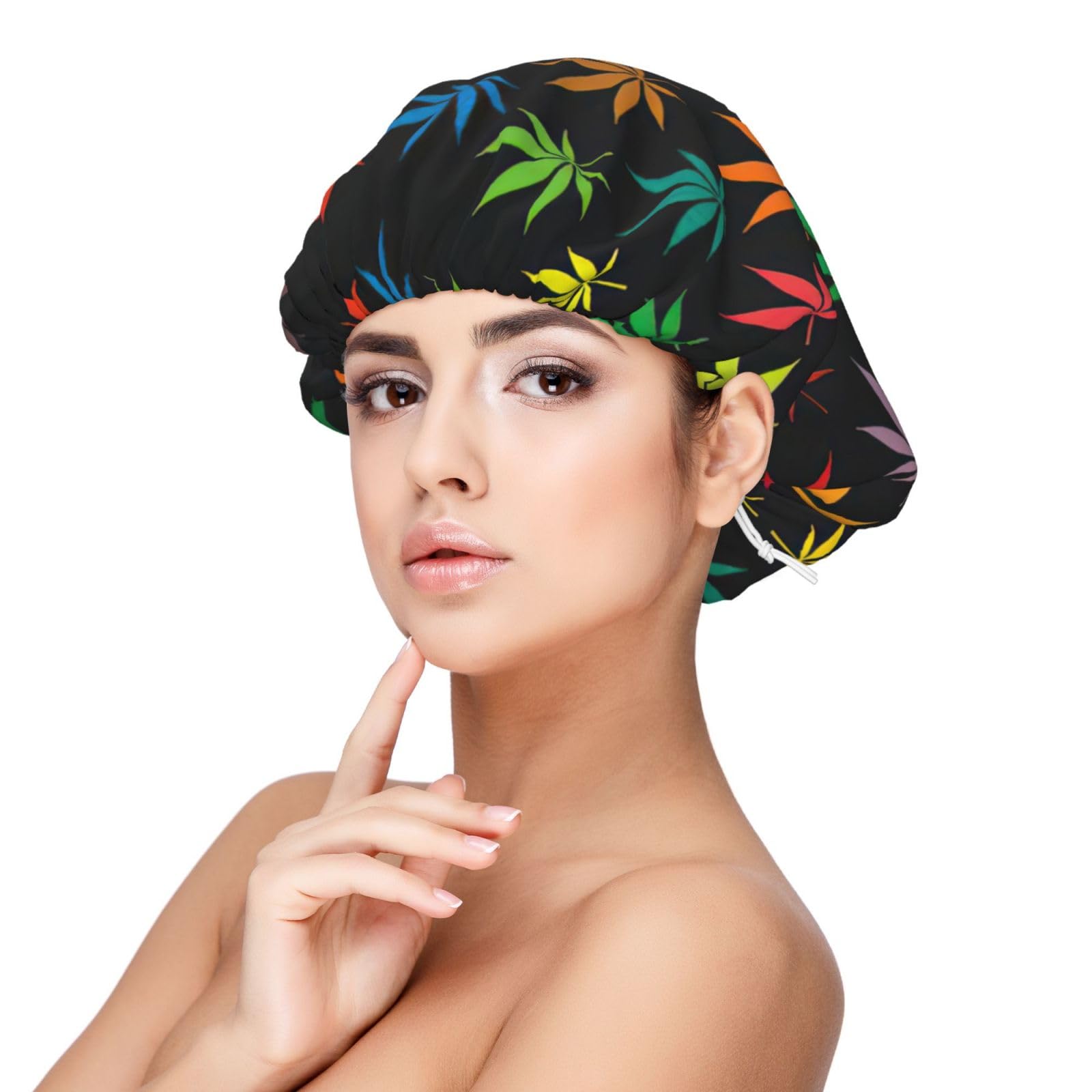 GXUNGT Colorful Cannabis Leaves Print Satin Sleeping Cap,Women's Double Layer Soft Hat,Suitable for Sleeping,Housework,Makeup Black